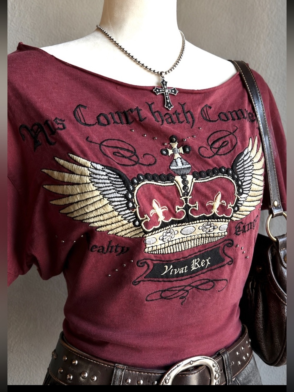 Y2K Gothic Crown Embroidered Boat Neck Tee | Burgundy Rhinestone Graphic Top